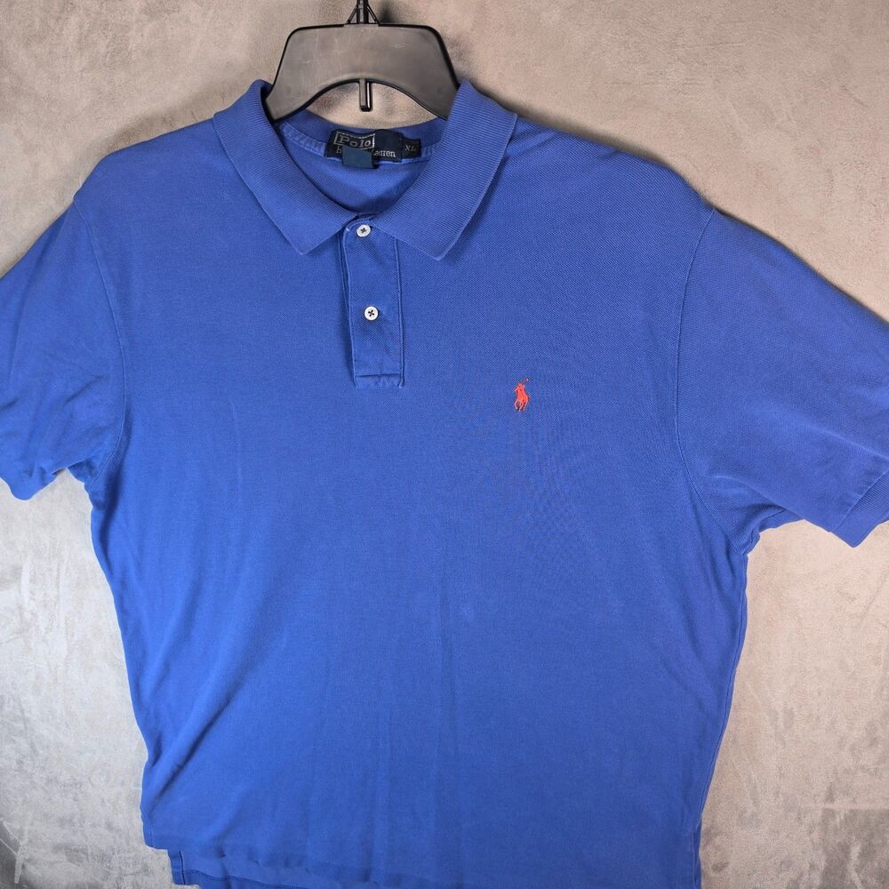 Polo Ralph Lauren Men's Polo Shirt XL Royal Blue Orange Pony Cotton Knit Mesh XL